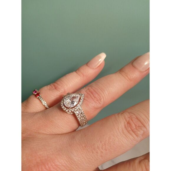 Women's 3.50Ct Pear-Cut Lab Diamond Halo Engagement Ring – 14K White Gold Plated - Picture 11 of 14